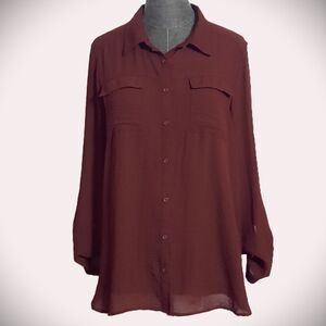 A.N.A Crinkle Gauze Wine Red Roll Tab Sleeve Blouse Button Down Chiffon Academia